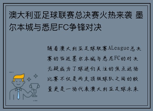 澳大利亚足球联赛总决赛火热来袭 墨尔本城与悉尼FC争锋对决