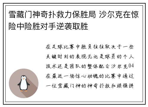 雪藏门神奇扑救力保胜局 沙尔克在惊险中险胜对手逆袭取胜