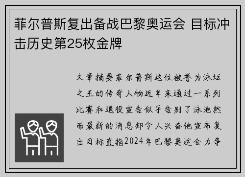 菲尔普斯复出备战巴黎奥运会 目标冲击历史第25枚金牌